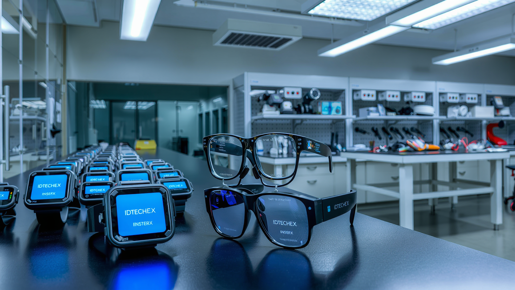 Smart watches and smart glasses are ordered on a table in a workshop.