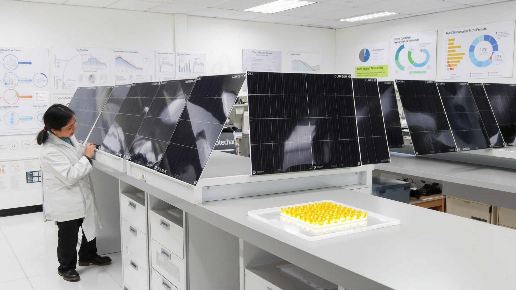 A scientist is working in a lab with multiple solar panels displayed on the tables.