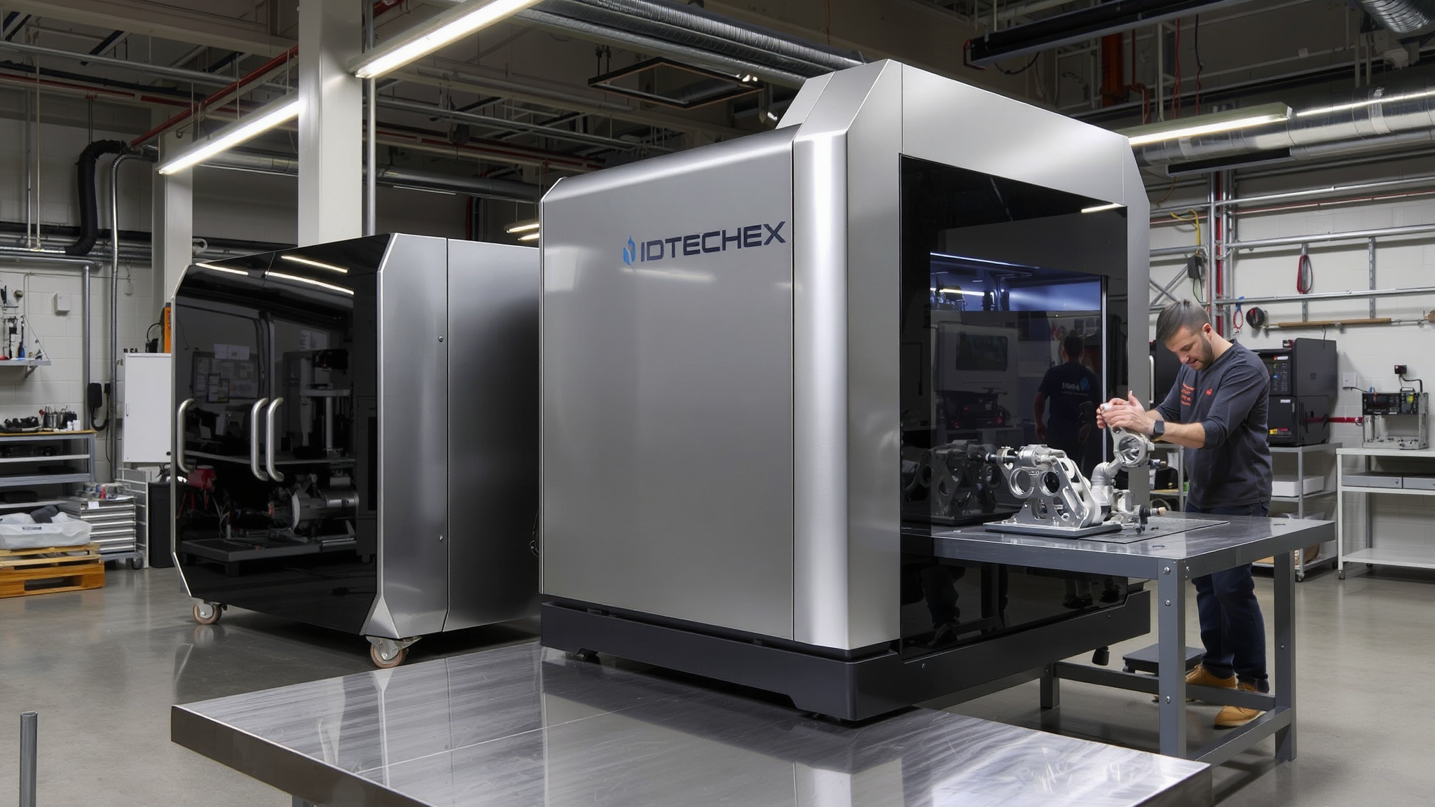 A large metal 3D printer is being used in a lab.