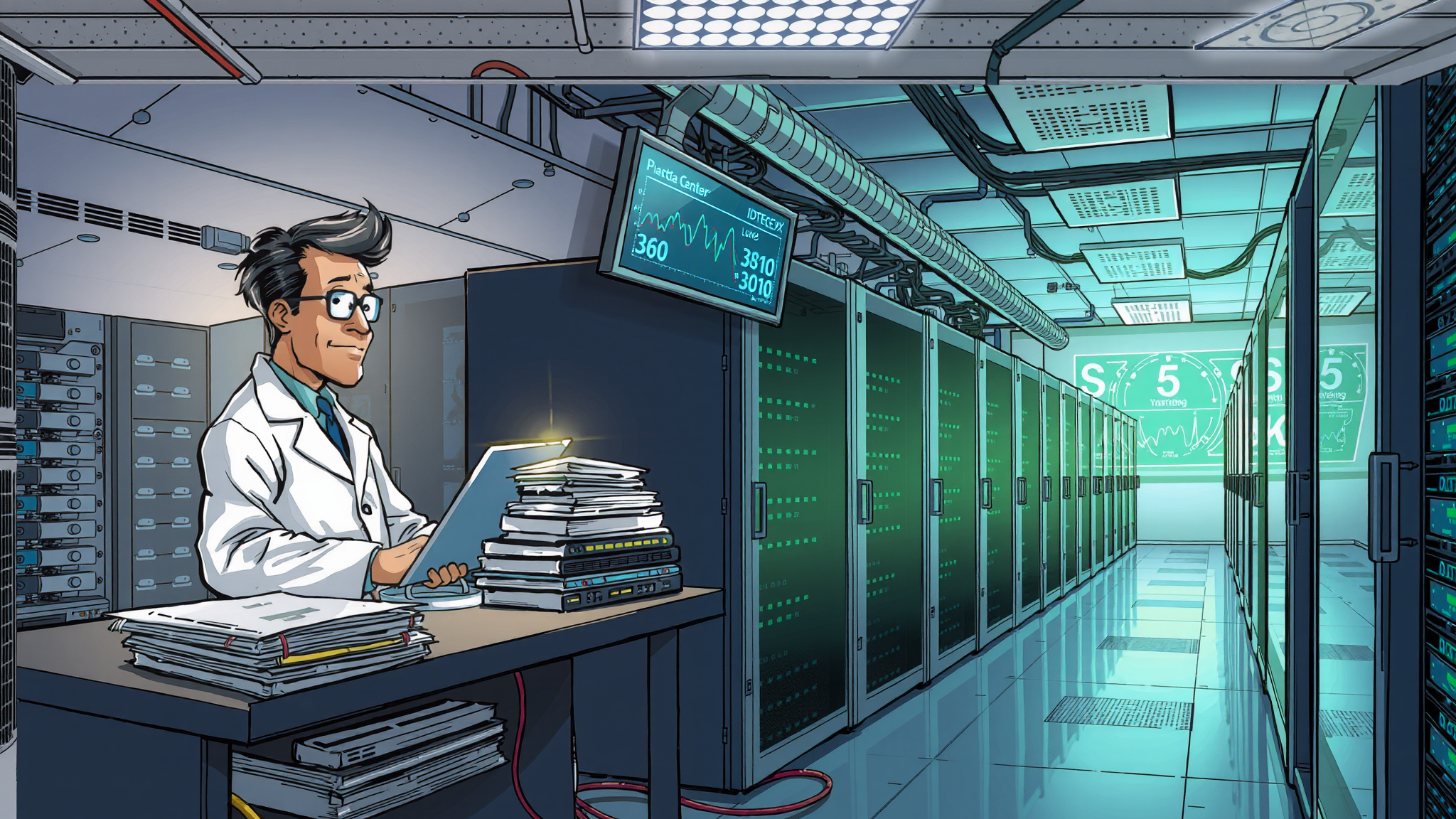 A scientist is working in a computing room.