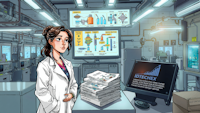 A cartoon depicts a scientist in a lab with screens up and newspapers on the desk.