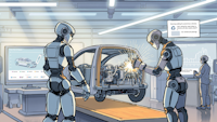 Humanoid robots are assembling a car.