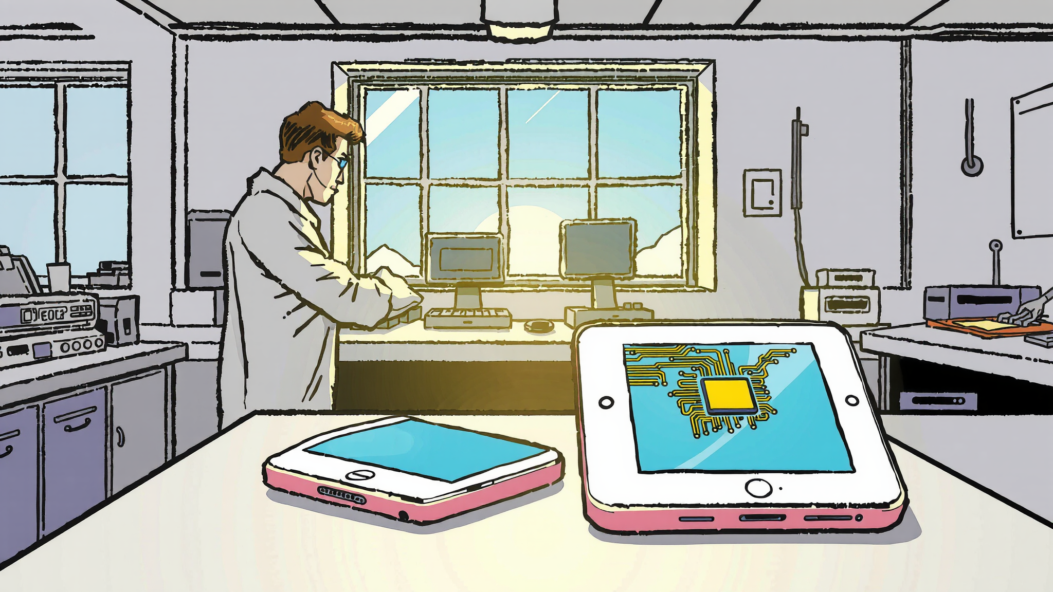 In-mold electronics can be seen on a tablet in a lab.