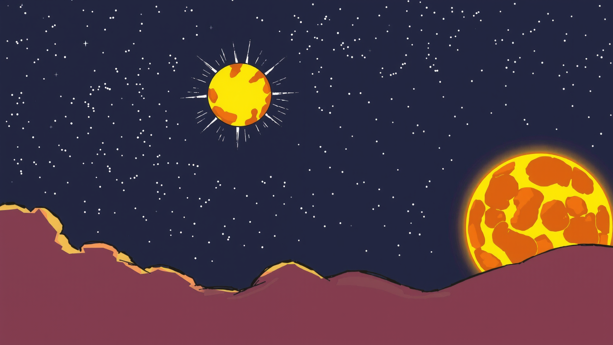 Two large stars can be seen in the night sky surrounded by stars.