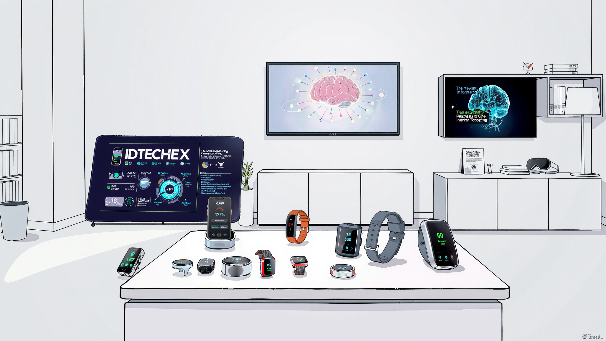 Wearable devices are displayed on a table in a lab.