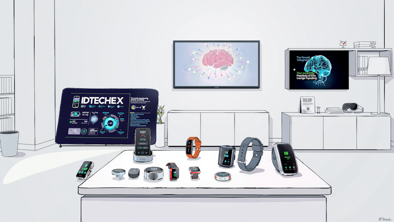 Wearable devices are displayed on a table in a lab.