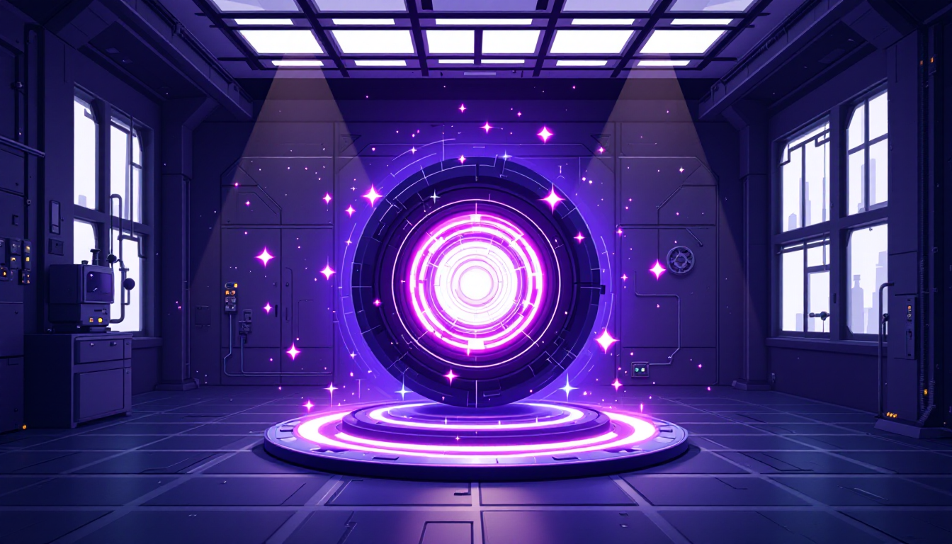 A nuclear fusion reactor is pictured within a lab.