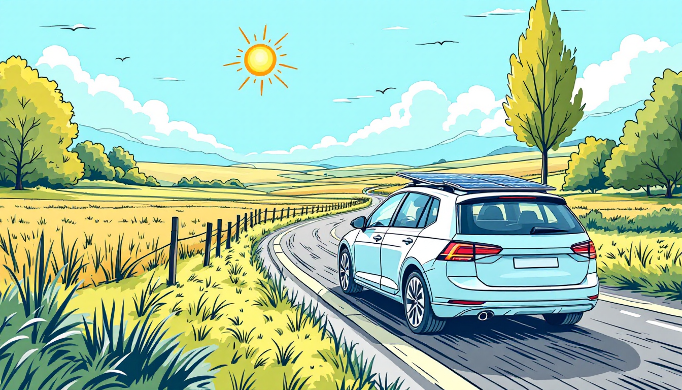 A car is driving down a road with a solar panel on the roof.