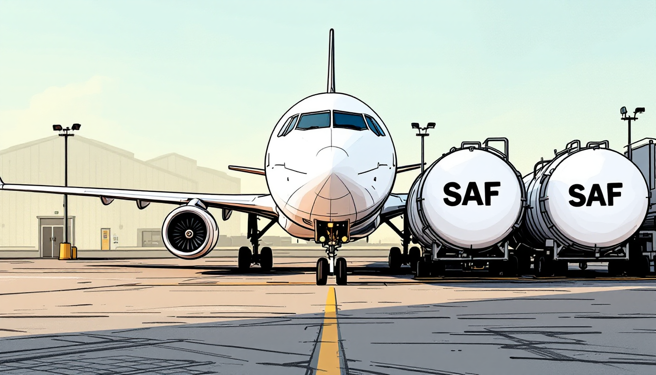 An airplane is positioned next to two containers of SAF.
