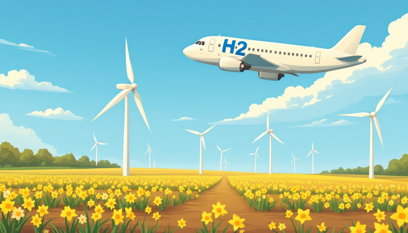 An hydrogen airplane is flying above wind turbines positioned in a field of daffodils.