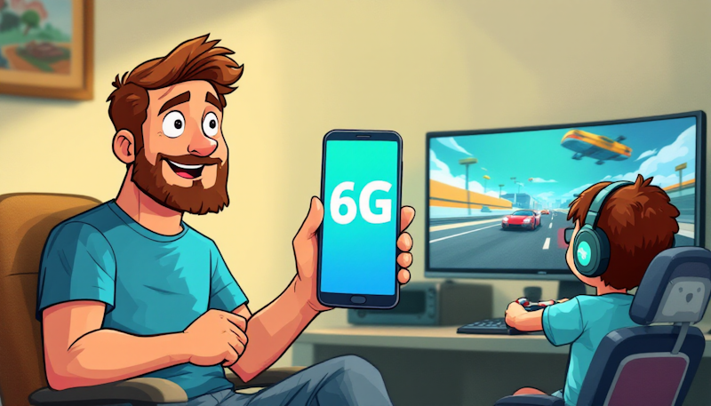 A man with 6G on his phone is sat with a young boy playing video games.