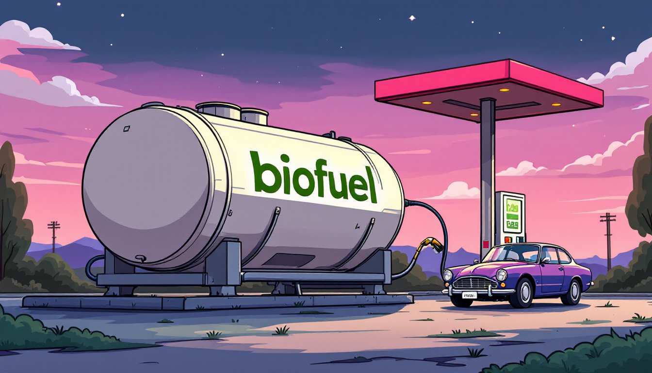 A car is refuelling at a large biofuel tank