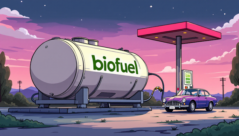 A car is refuelling at a large biofuel tank