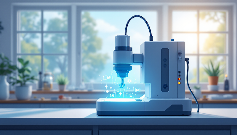 An in-mold electronics machine is positioned on a desk in a lab.
