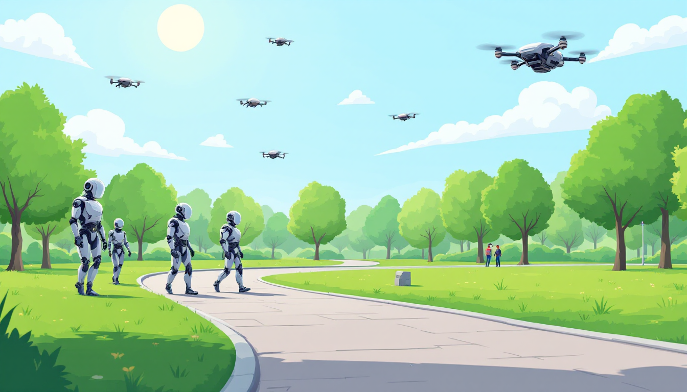 Humanoid robots are walking through a park with drones flying over their heads.
