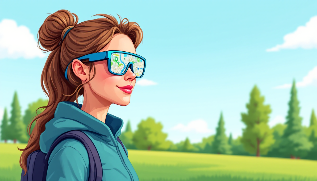 A woman is wearing smart glasses which are displaying navigation in the lenses
