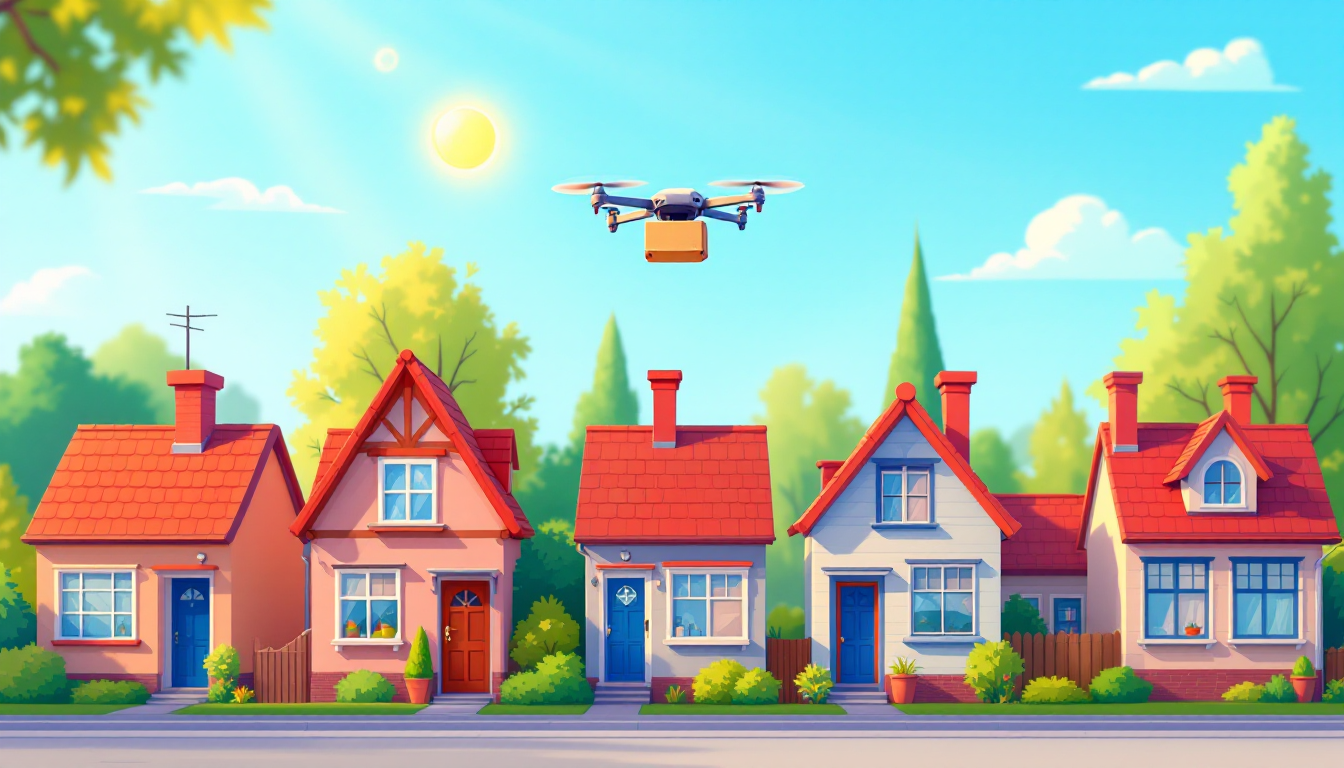 A drone is flying above a row of houses to deliver a parcel.