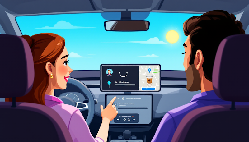 A woman is driving with an AI assistant displayed on the centre screen.