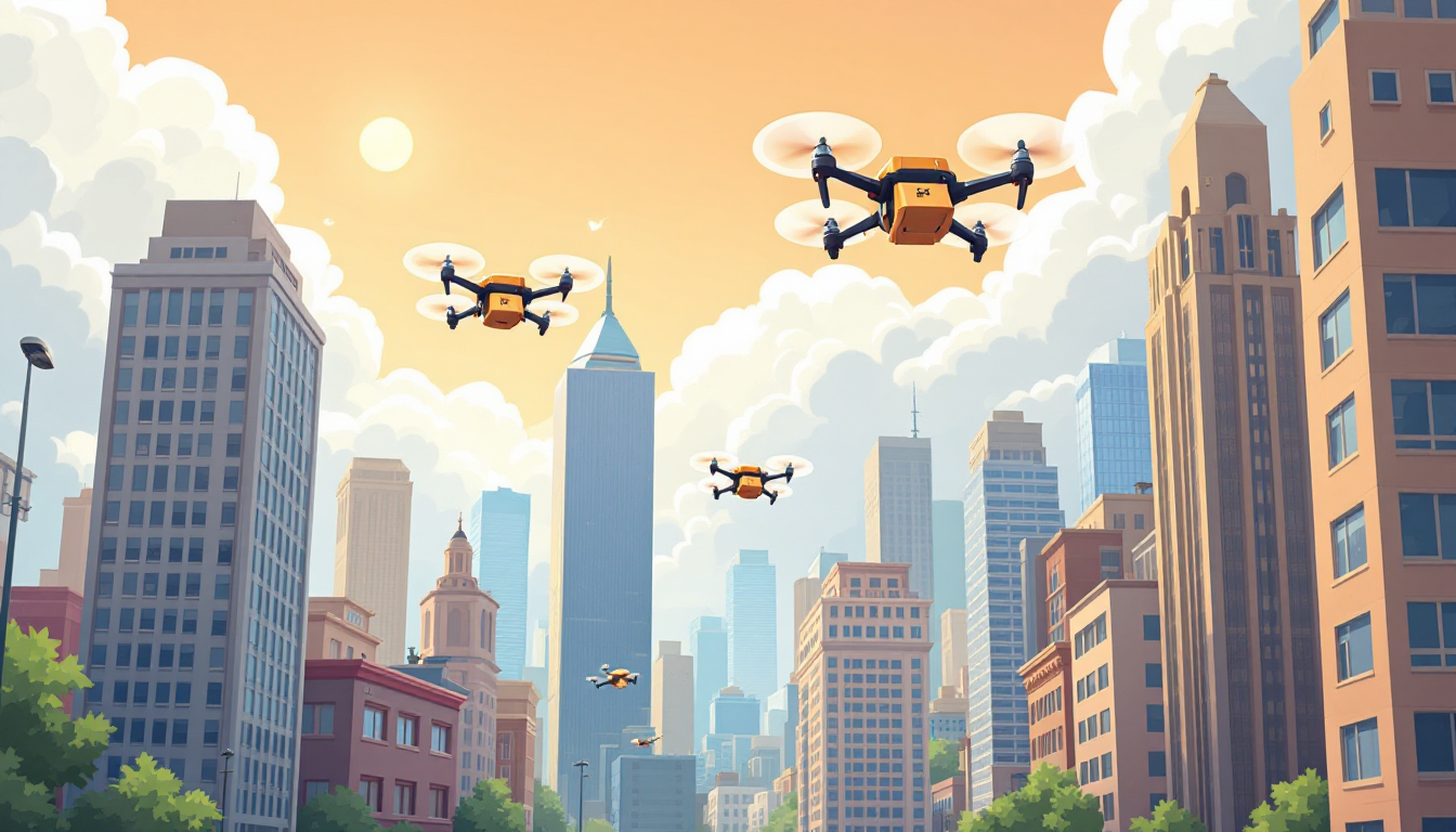 Drones carrying parcels are flying above a city