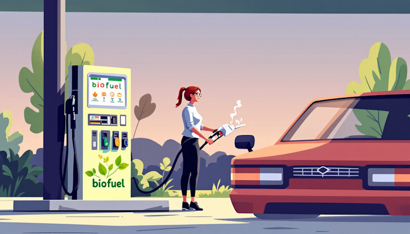 A woman is putting biofuel into her car at a petrol station