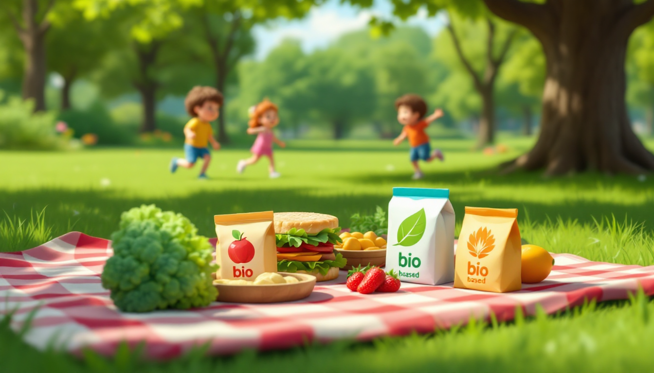 A picnic blanket has food on with bioplastic packaging