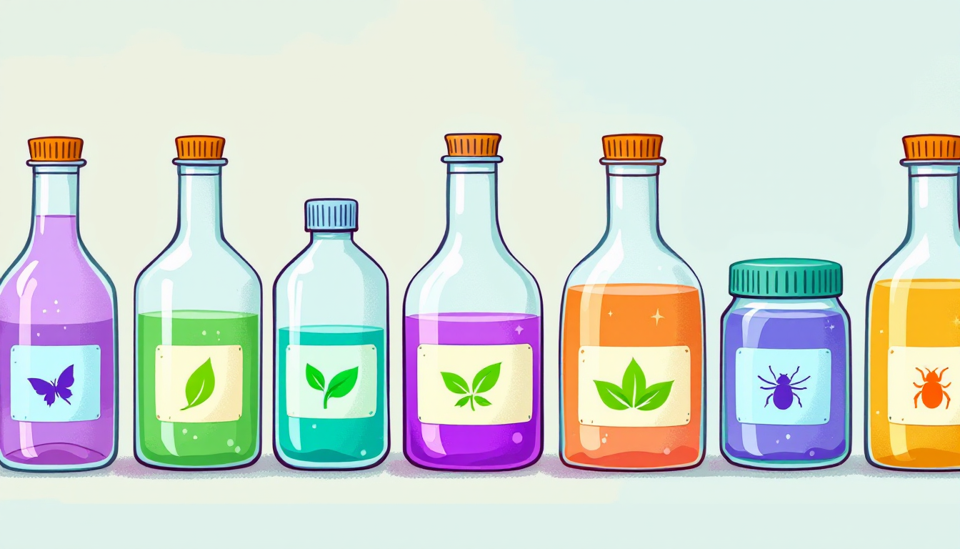 A row of sustainable chemicals have labels with leaves on them
