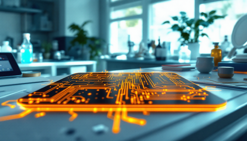 A circuit made from conductive inks is on a table in a lab