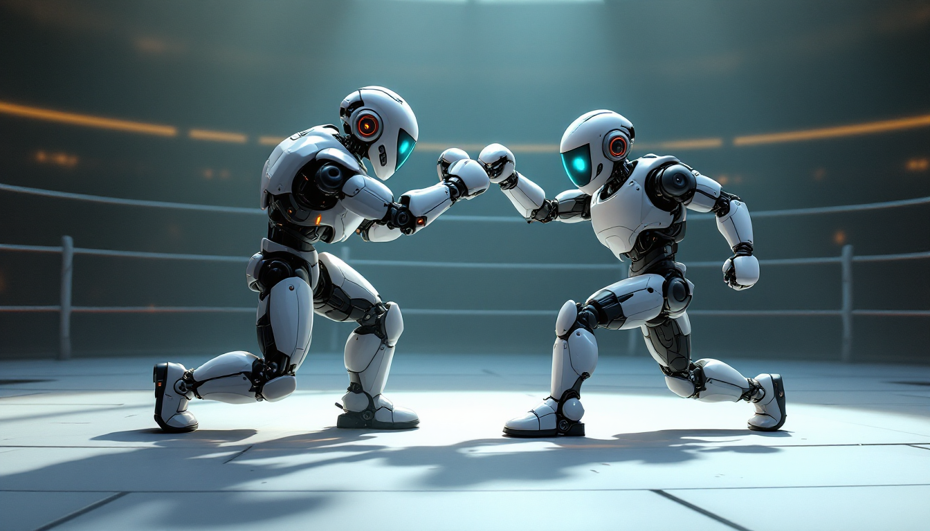 Two humanoid robots are boxing