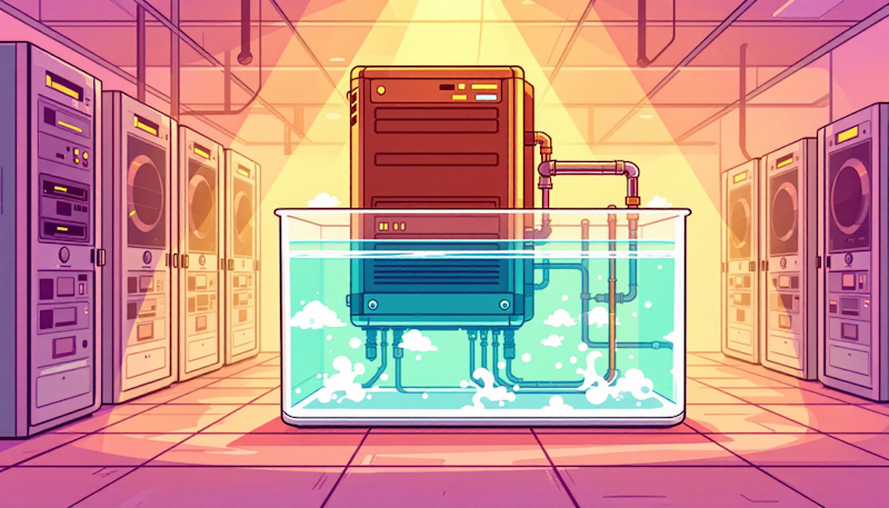A server is being cooled via immersion cooling in a data center
