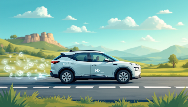 A hydrogen fuel cell car is driving down a road