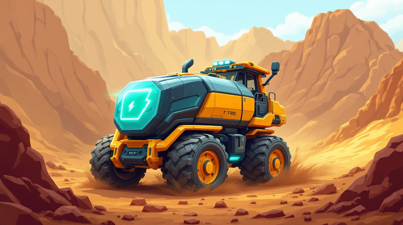 An electric mining vehicle is pictured fully charged